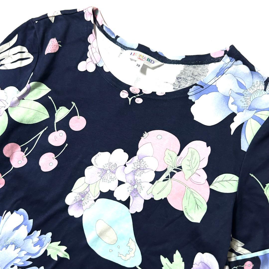 【美品】レオナールスポーツ　半袖　カットソー　ロゴ刺繍　花柄　日本製　紺系　38
