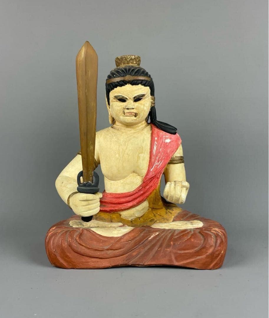 時代物 木彫彩色 不動明王坐像 木製 骨董品 古美術品 置物 東洋彫刻