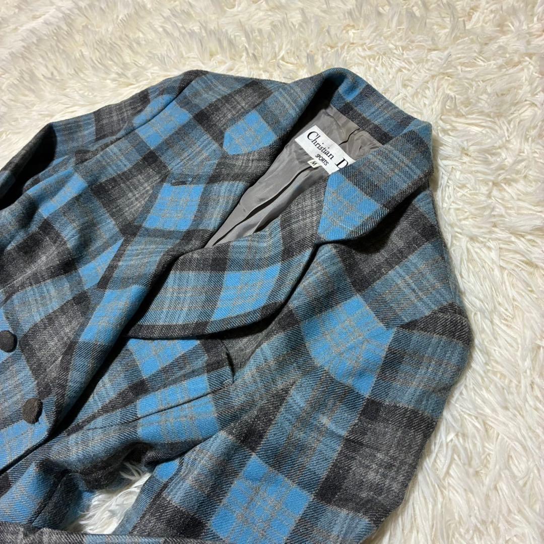 ChristianDior テーラードジャケット　チェック柄　ブルー系　ウール