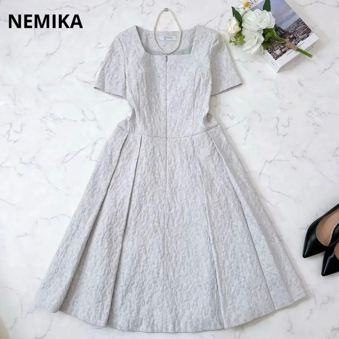 NEMIKA スクエアネック ジャガードフラワー タックワンピース レリアン