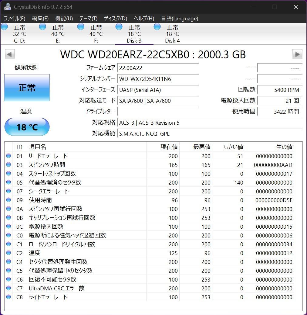新近 WD20EARZ 2TB HDD 2024年製造 使用時間3422時間