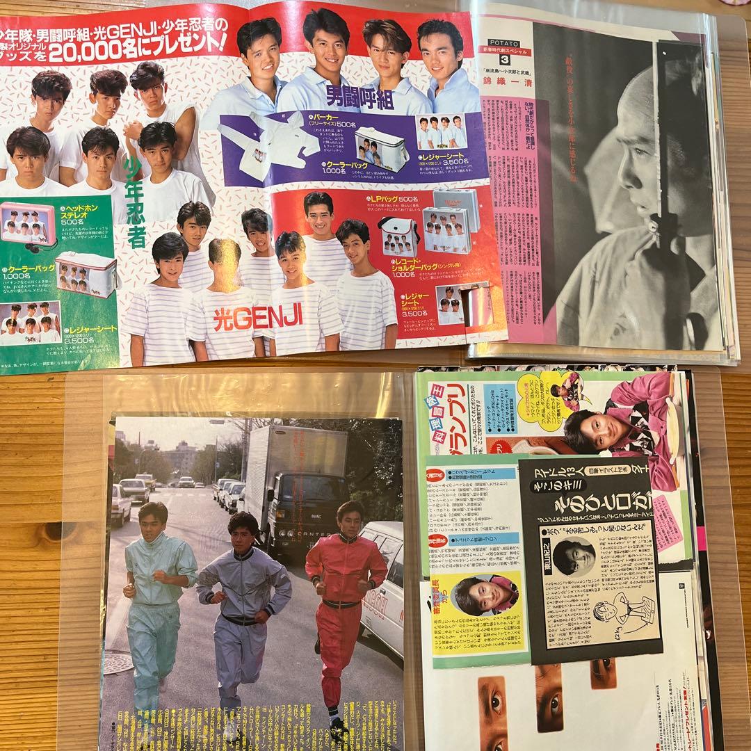 少年隊　雑誌　切り抜き　ファイルニ冊　ポスター沢山。　衣装ハギレ付き手帳　CM