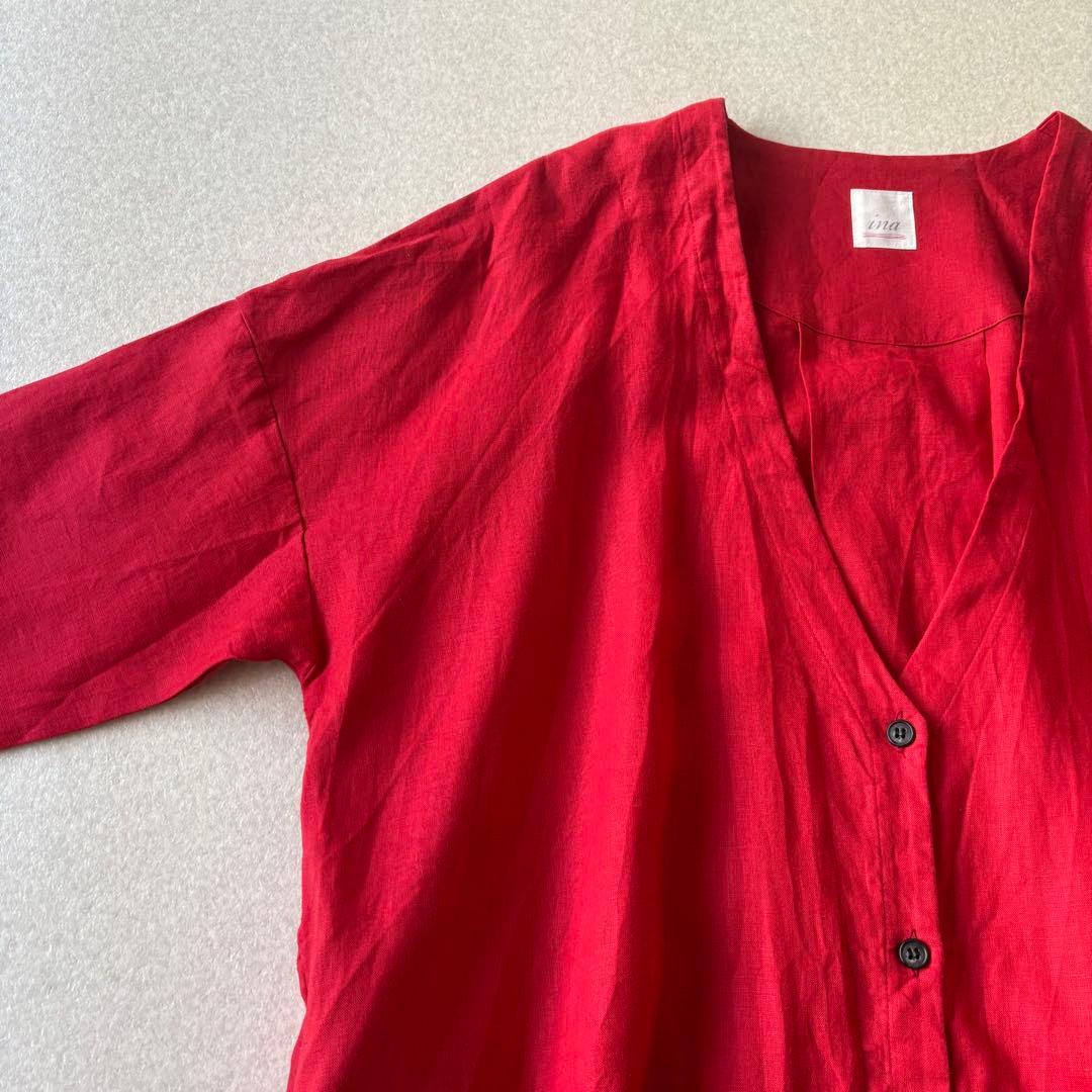 【美品】ina イナ　リネン100％ Ｖネックドロップッショルダーコート 日本製
