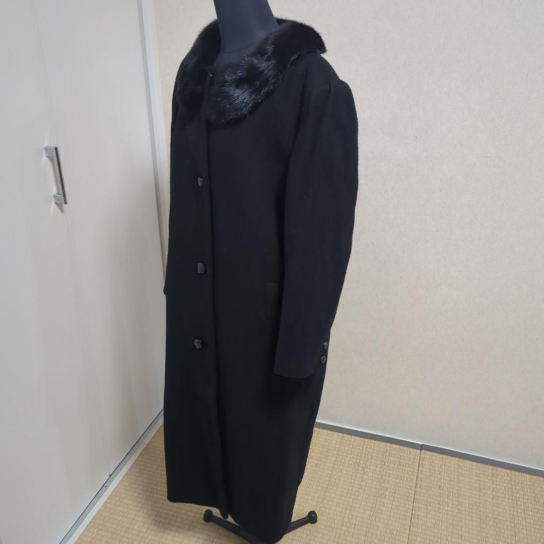 カシミヤ ブラック ロングコート ファー襟ミンク