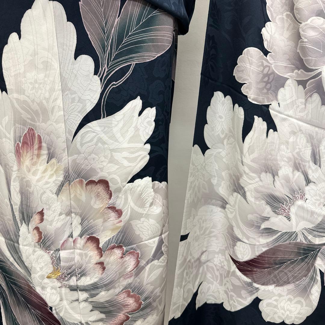 新品 正絹 振袖 濃紺 芍薬 刺繍 未仕立て品 仮絵羽 2159