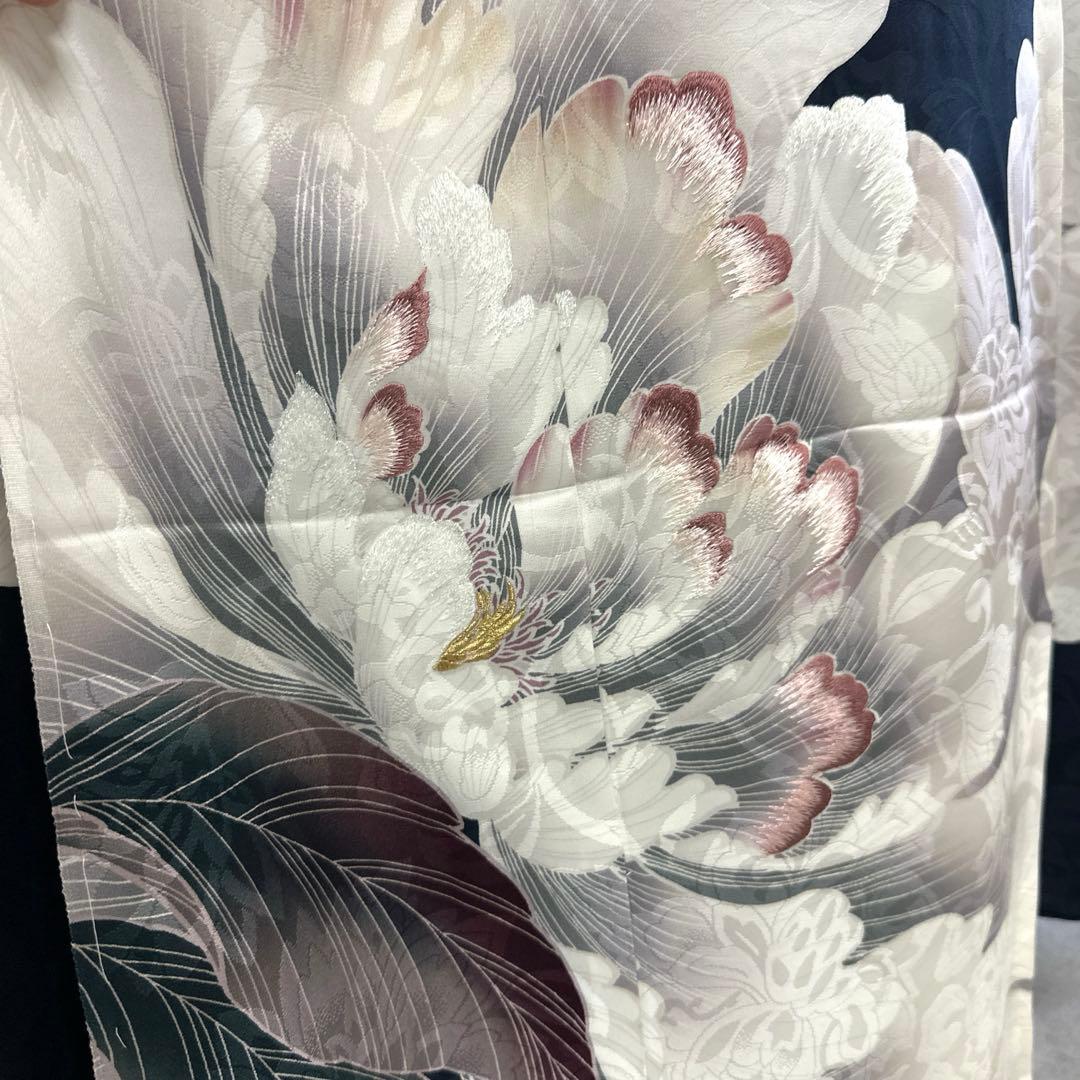 新品 正絹 振袖 濃紺 芍薬 刺繍 未仕立て品 仮絵羽 2159