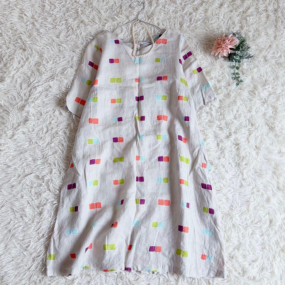 marimekko　マリメッコ　リネン100%　総柄ワンピース　膝丈　36サイズ