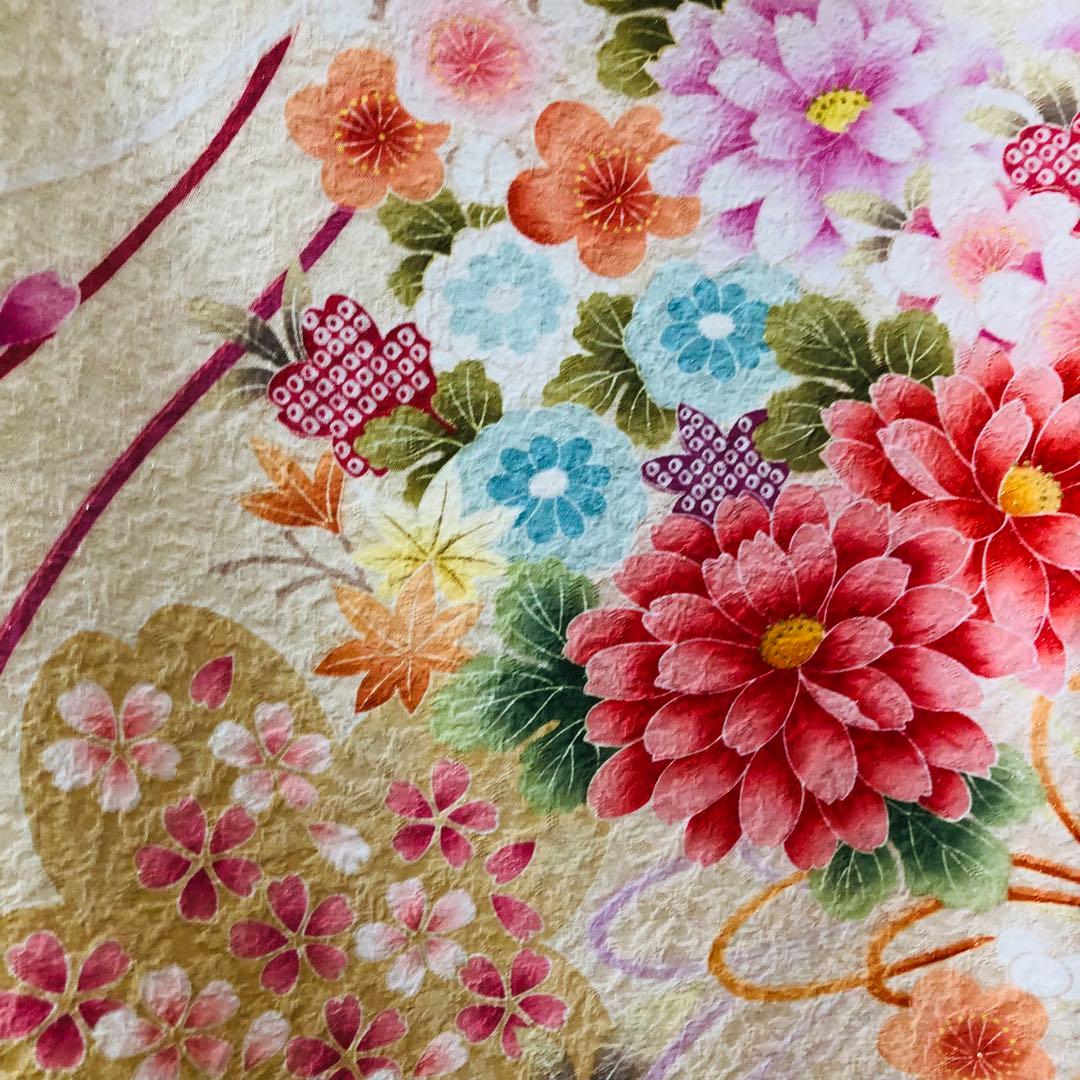 振袖正絹フルセット‼️豪華絢爛クリームラメキッラキラ ⭐︎花々金彩刺繍⭐︎新品豪華袋帯