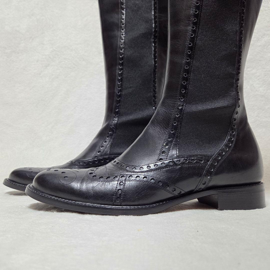 【美品】ALKA レザー サイドゴア ウィングチップ ロングブーツ 黒 24.5