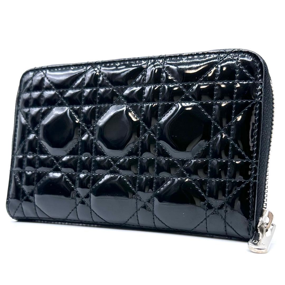 美品✨Dior レディディオール カナージュ 財布 ラウンドジップ パテント 黒