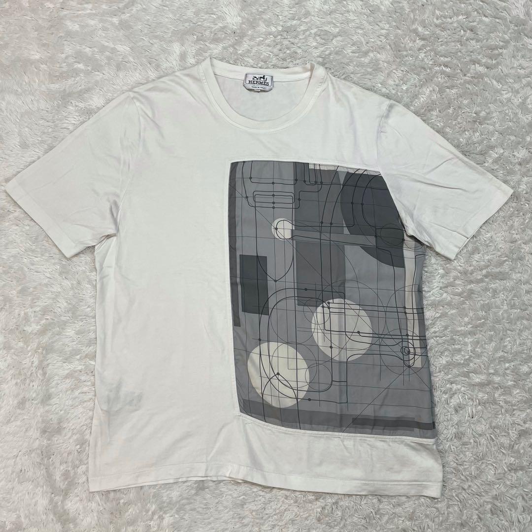 6261【美品】エルメス☆シルク切替Tシャツ スカーフドッキング ホワイト