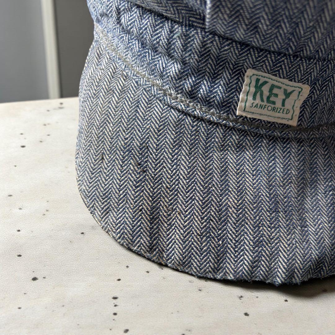 50'sビンテージ KEY ワークキャップUSA製ヒッコリーヘリンボーン帽子古着
