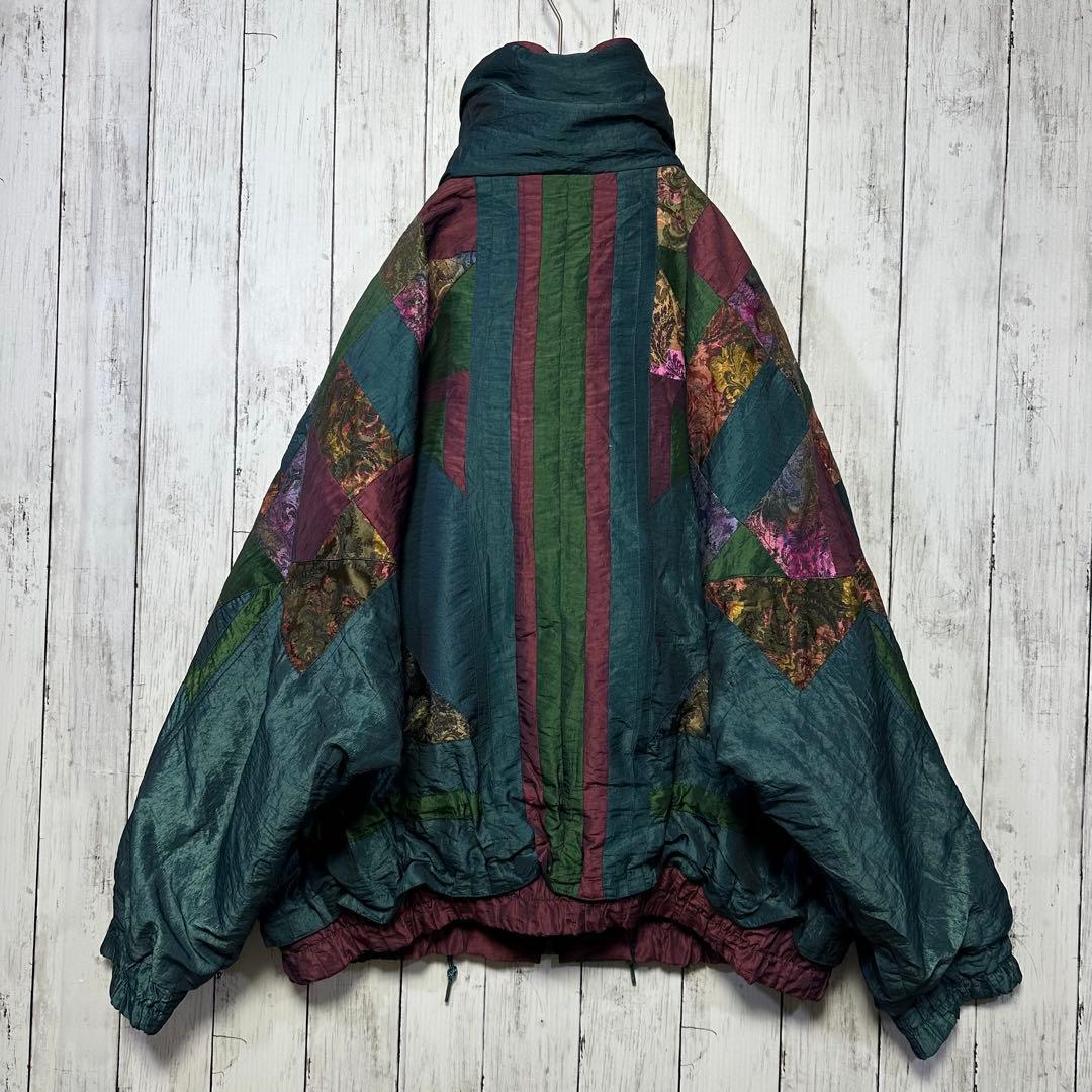 【総柄ブルゾン☆ナイロンジャケット】80s 90sVINTAGE☆刺繍☆深緑XL