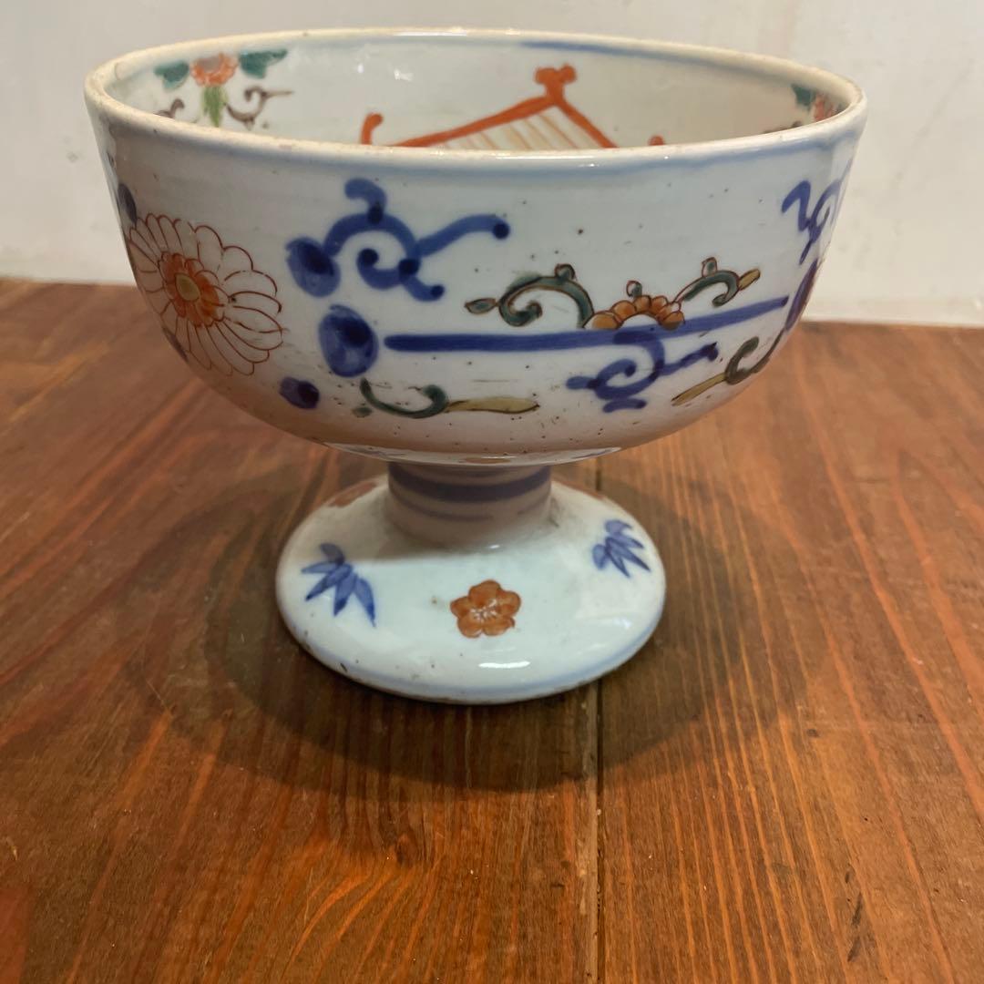 美品　古伊万里　杯洗　盃洗　染付け　花の絵柄が華やか　色絵杯洗　陶芸　年代物