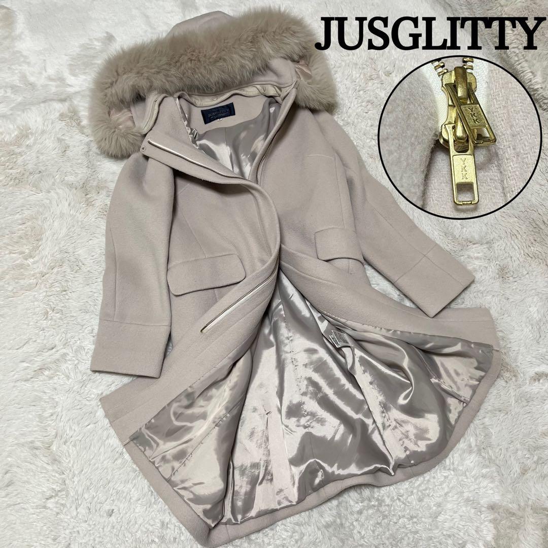 美品　JUSGLITTY ロングコート フード　ファー　ノーカラー　アイボリー