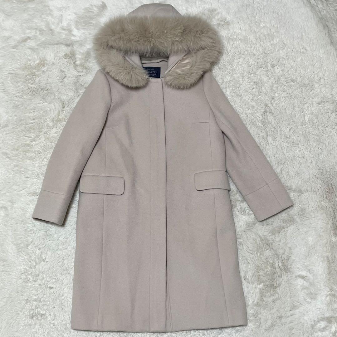 美品　JUSGLITTY ロングコート フード　ファー　ノーカラー　アイボリー