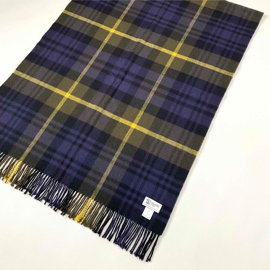 5504【美品】ジョンストンズ 大判ストール カシミヤ100％　チェック 紫 黄