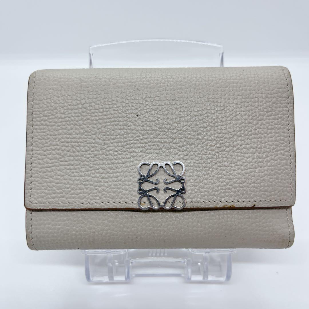 【美品】LOEWE ベージュ 3つ折り財布 アナグラム フリップウォレット 箱付