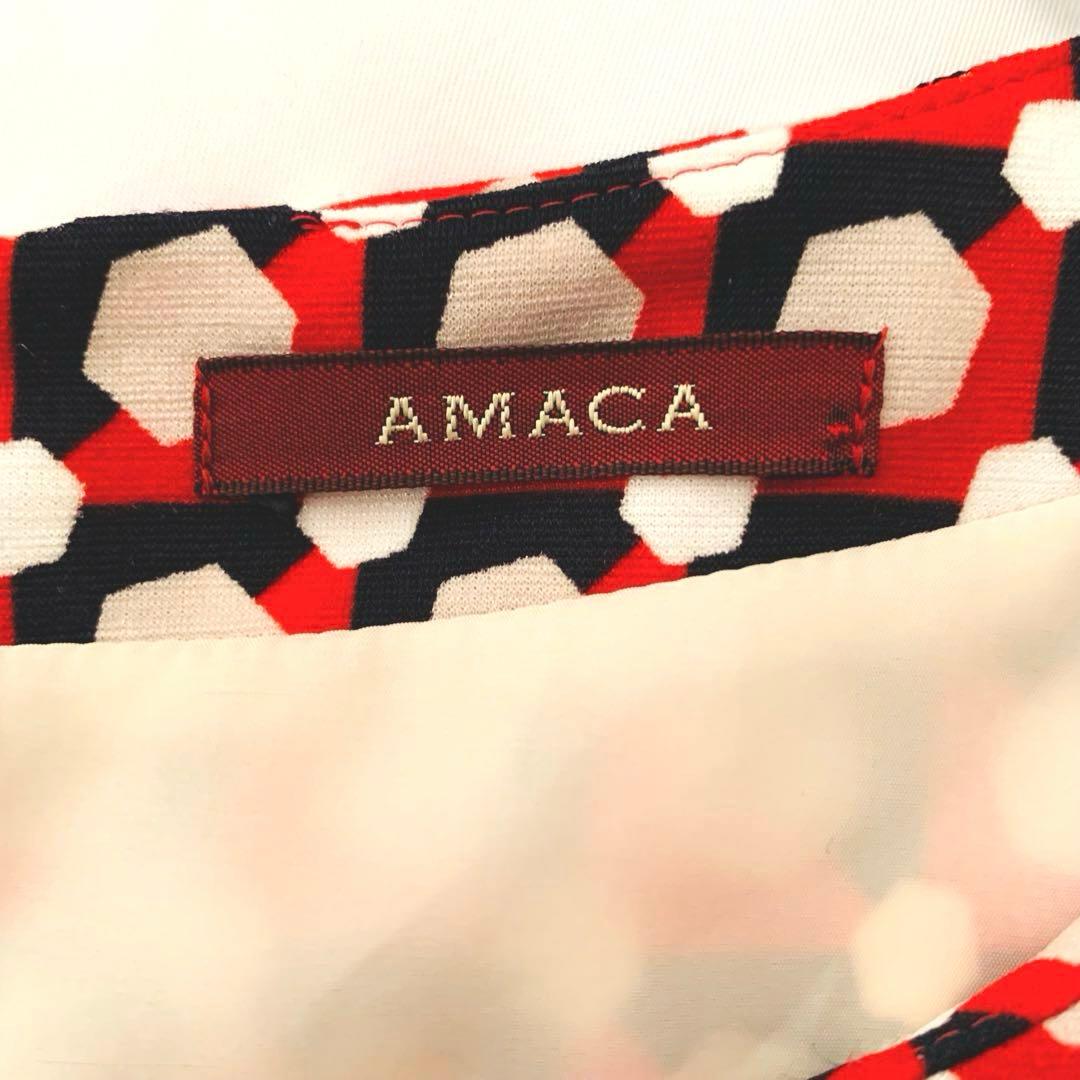 【美品】AMACA アマカ 幾何学 総柄 膝丈 長袖 ワンピース 三陽商会 M