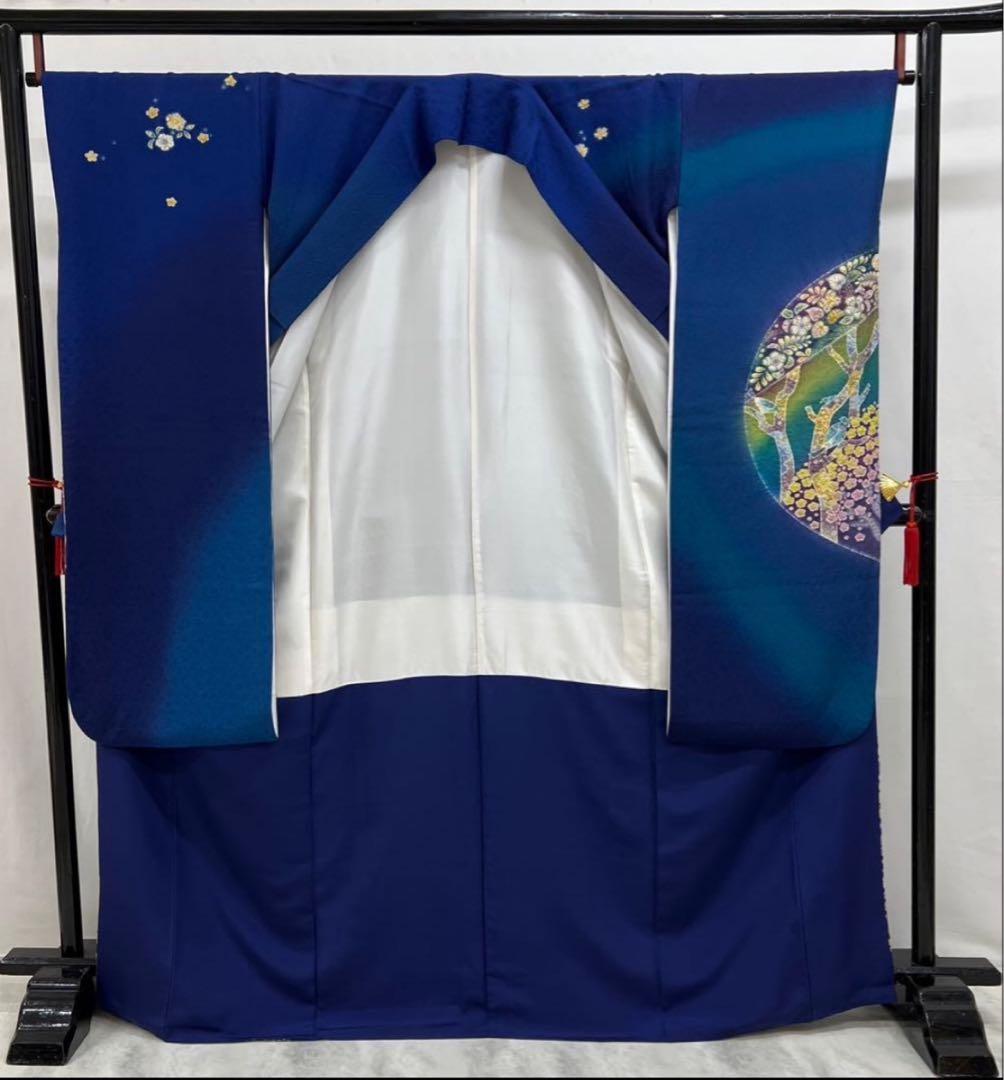 振袖 紺色 辻ヶ花 正絹 【中古】 身丈162cm 裄丈66.5cm
