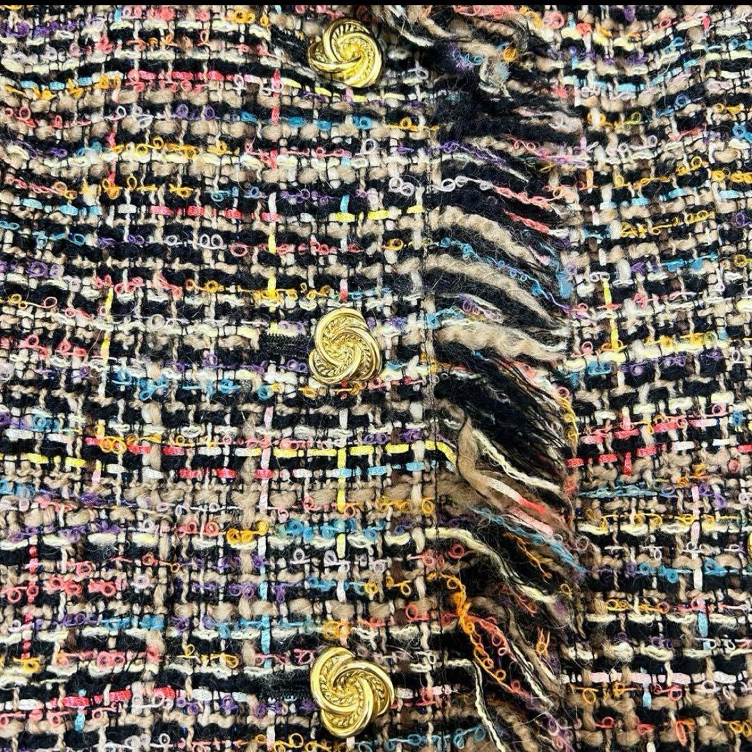 ユキトリイ ツイードジャケット 金ボタン ショールカラー フリンジ 40