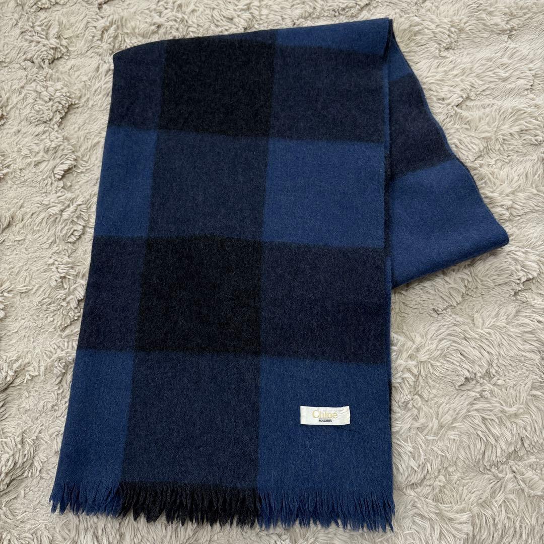 綺麗！Chloé クロエ チェック柄マフラー 超大判マフラー ネイビー系