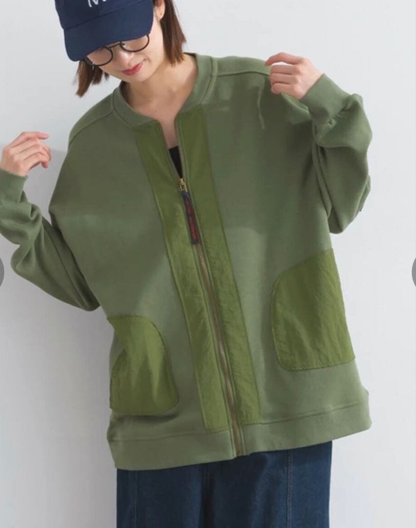 ♡せのん♡サン 異素材 切替 ポンチ ZIP ブルゾン カーキ リメイクあり
