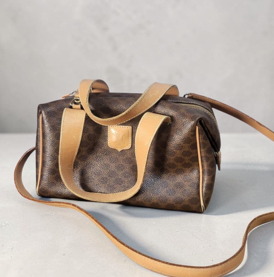 CELINE マカダム柄 ミニボストンバッグ PVC レザー 茶