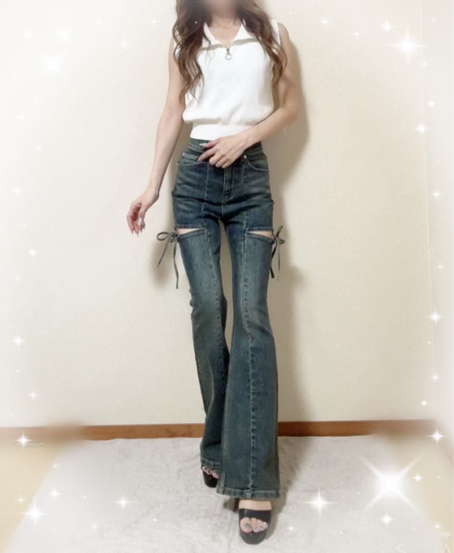 ラスト1点！RESEXXY カットアウトリボンデニムパンツ ブルー