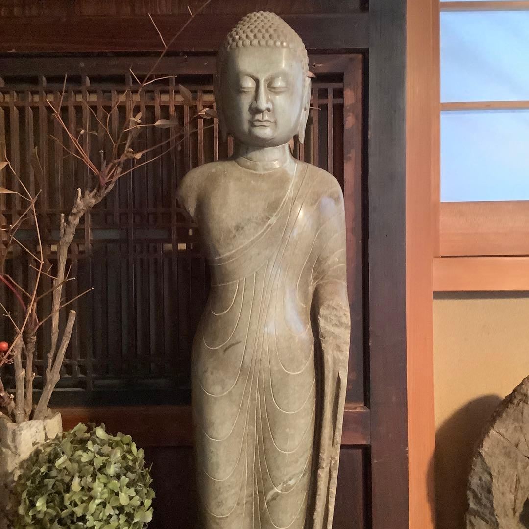 北魏・石仏「阿弥陀如来立像」南北朝時代・北斎・中国古代緑玉・隋極上青石細工彫刻