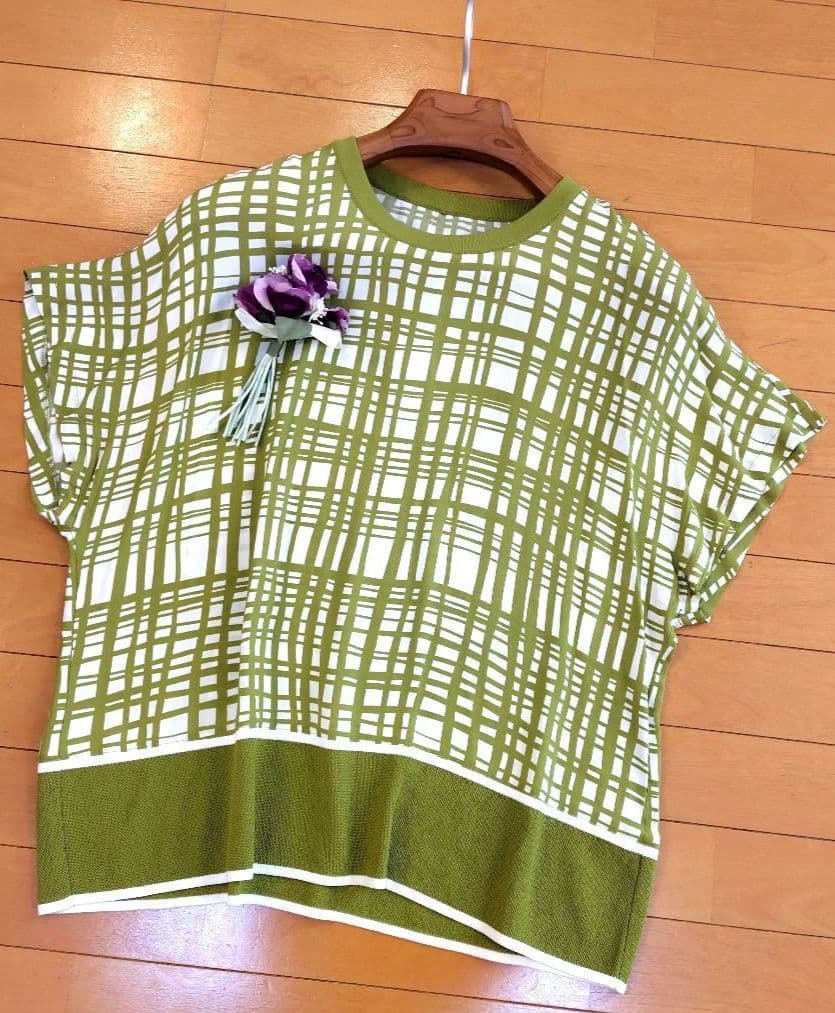 レリアン 近年モデル 抹茶グリーン 格子柄トップスプルオーバー13+XL