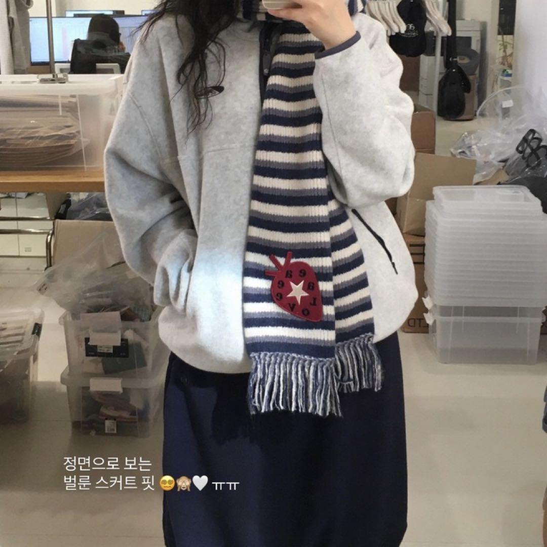 Aeae ストライプニットマフラー フリンジ付き