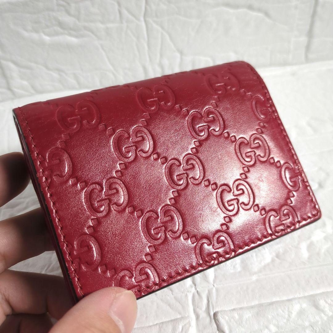 【美品】グッチ シマ コンパクト財布 赤 レザー リボン