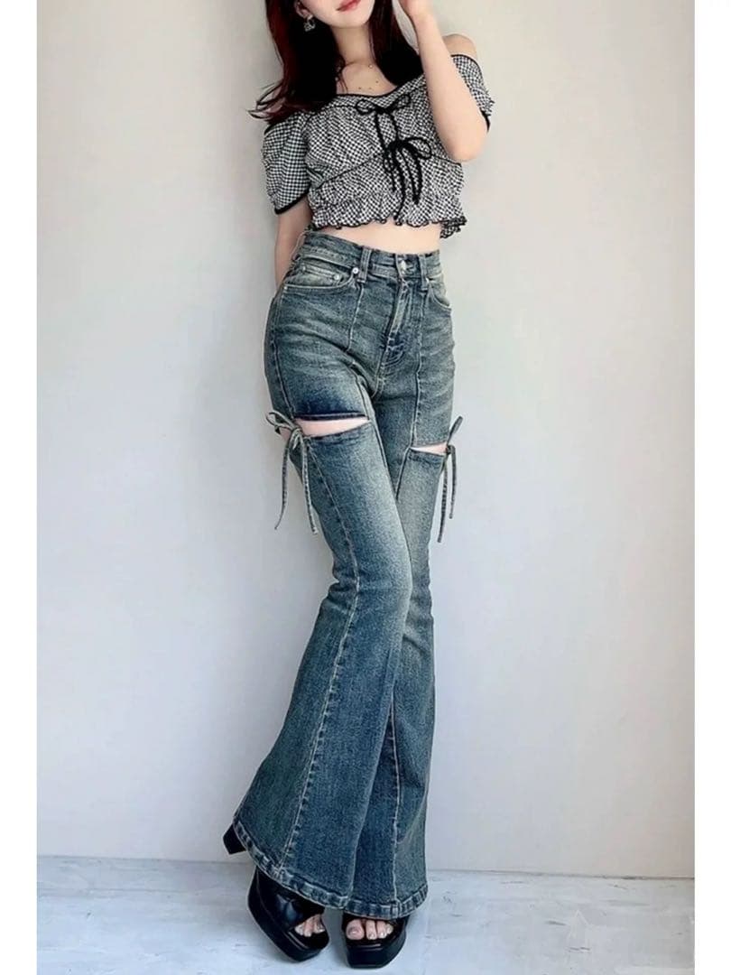 カットアウトリボンデニムパンツ S