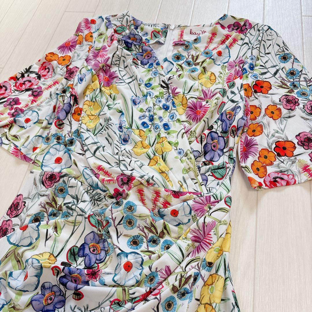 美品 kayme ケイミー 現行品 ストレッチジャージーギャザーワンピース 花柄