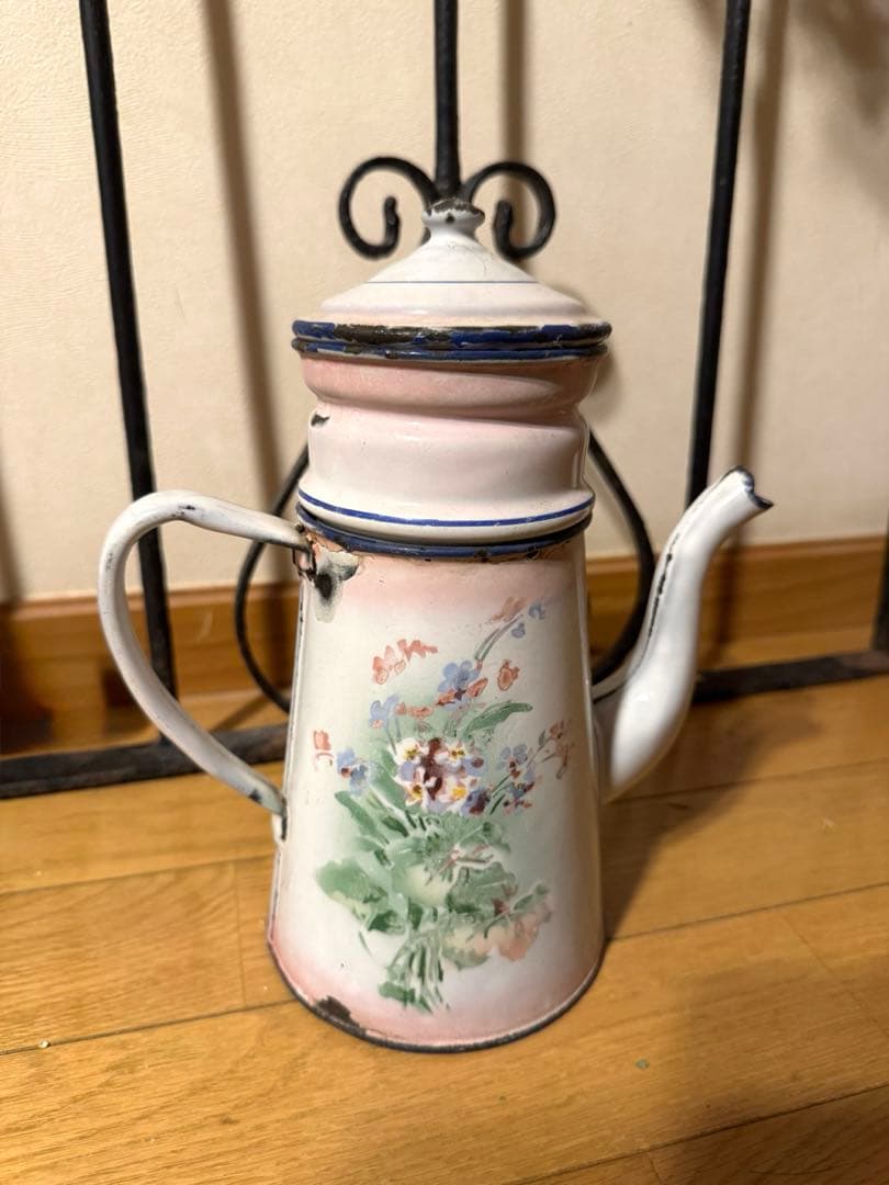 japy社 ホーロー勿忘草＊コーヒーポット ピンク アンティーク＊ブロカント
