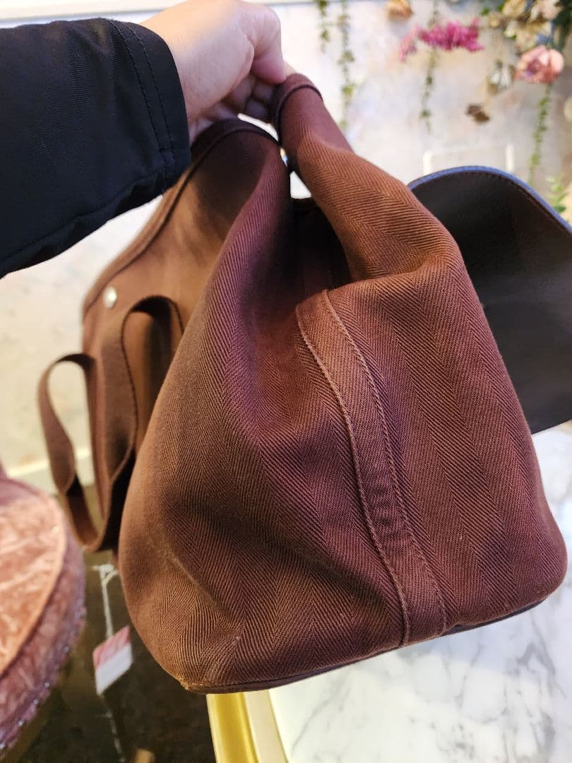 HERMESブラウン レザー キャンバス ボストンバッグ