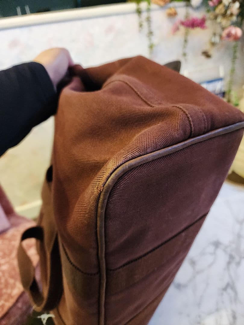 HERMESブラウン レザー キャンバス ボストンバッグ
