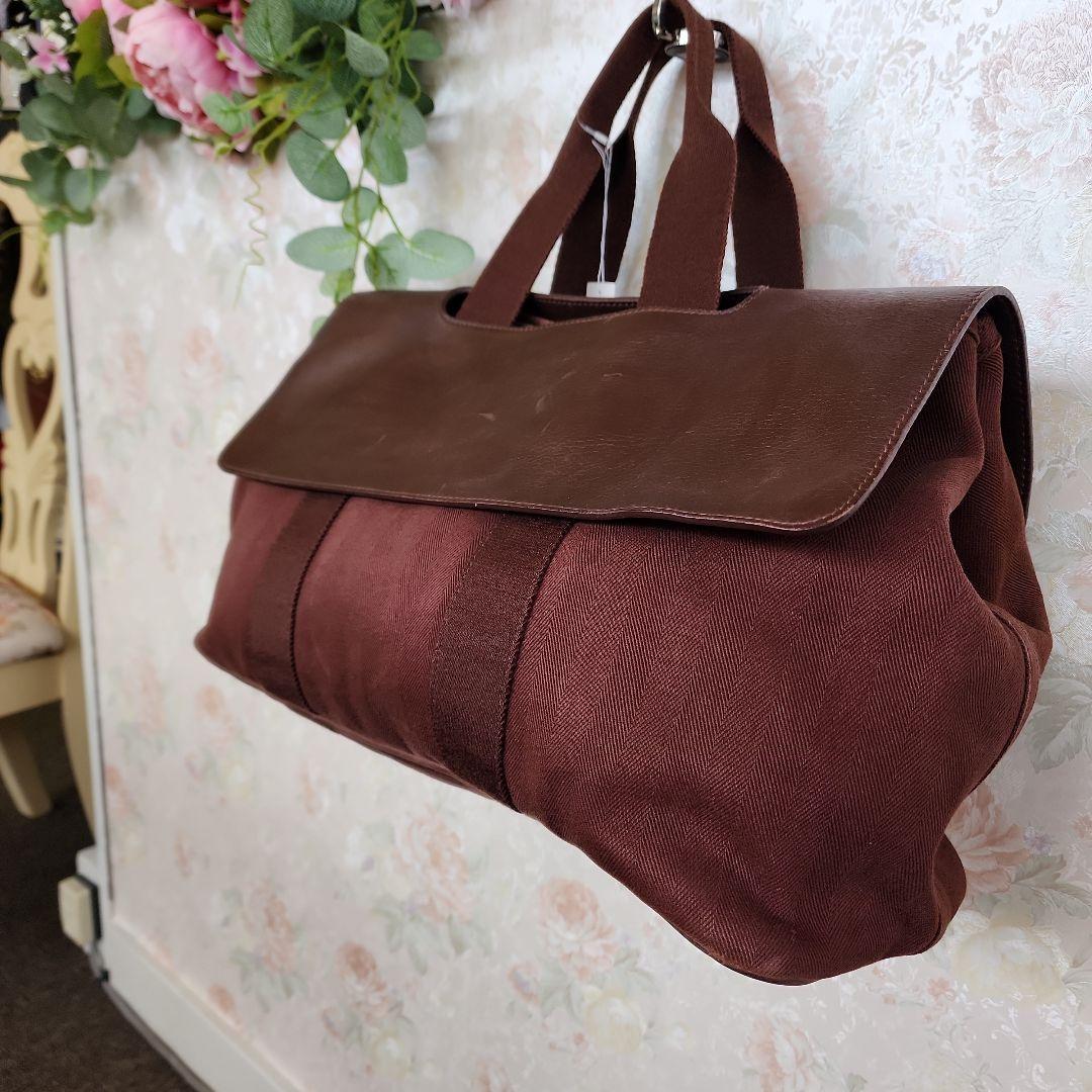 HERMESブラウン レザー キャンバス ボストンバッグ