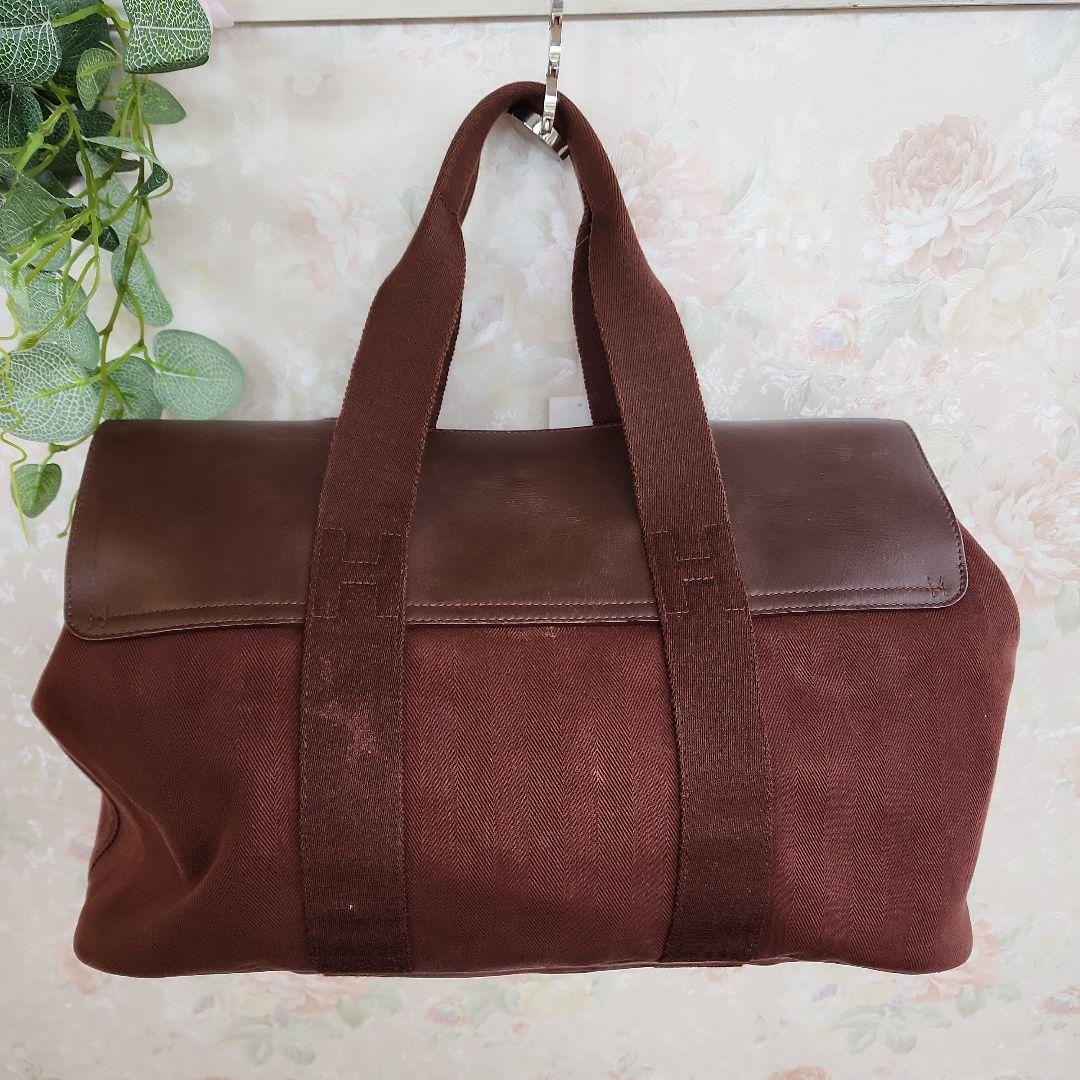 HERMESブラウン レザー キャンバス ボストンバッグ