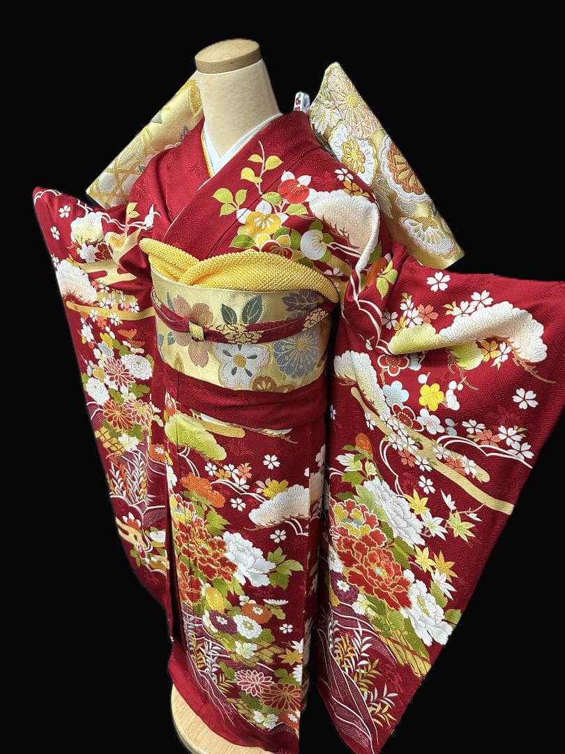 久保耕 京友禅 赤系 花筏 振り口付き振袖 袋帯 フルセット