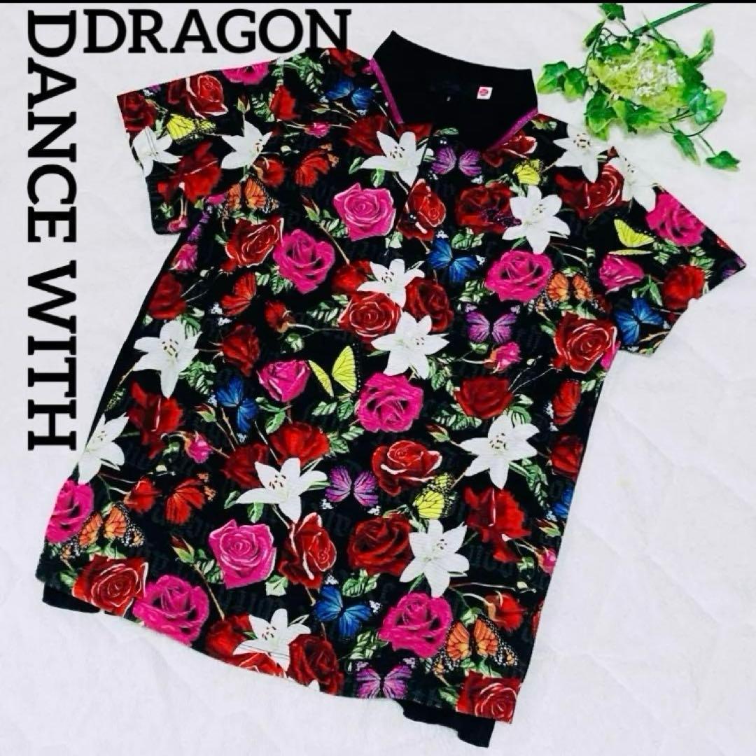 新品級 ダンスウィズドラゴン プリーツ L ポロシャツ 花柄 刺繍 半袖 ゴルフ