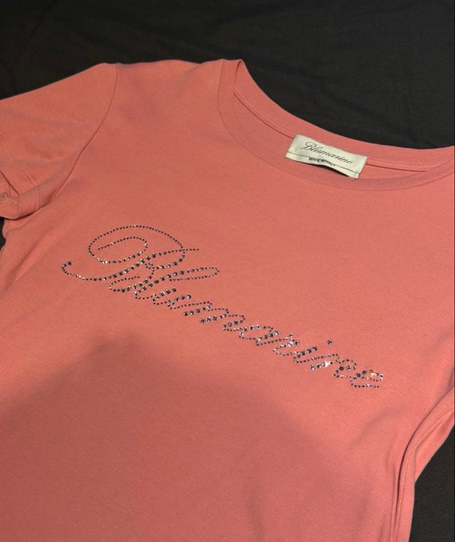 BLUMARINE ブルマリン ピンク ラインストーン ラメ ロゴ Tシャツ