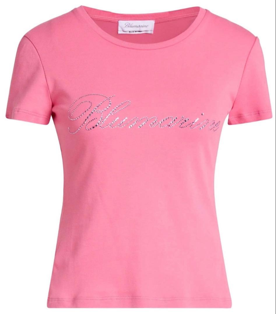 BLUMARINE ブルマリン ピンク ラインストーン ラメ ロゴ Tシャツ