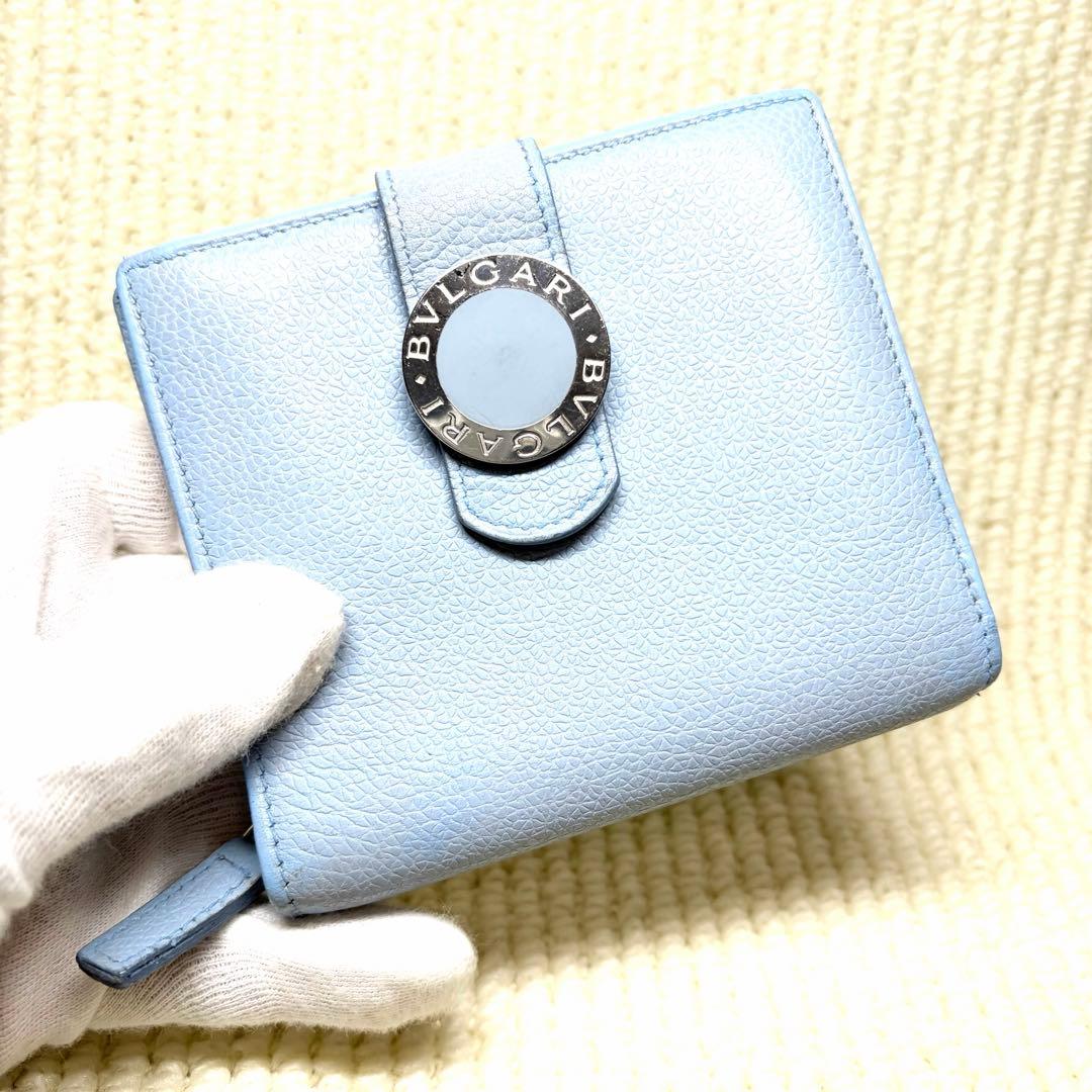 良品　BVLGARI ブルガリ 折り財布 サークルロゴ ブルー ラウンドジップ