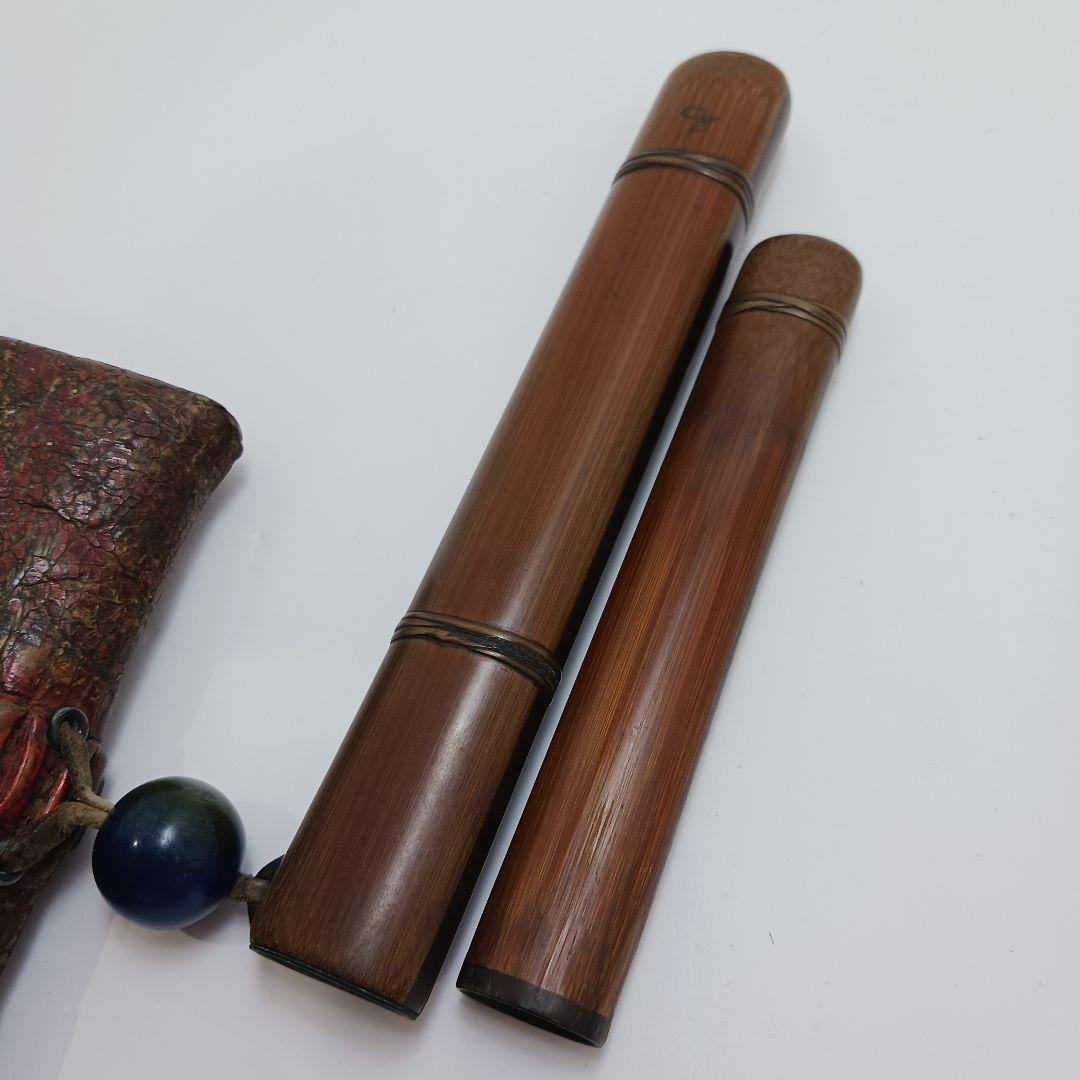 専用Y2978-1 時代物 象嵌金具 竹製 煙管筒 煙草入 キセル筒 ラピス