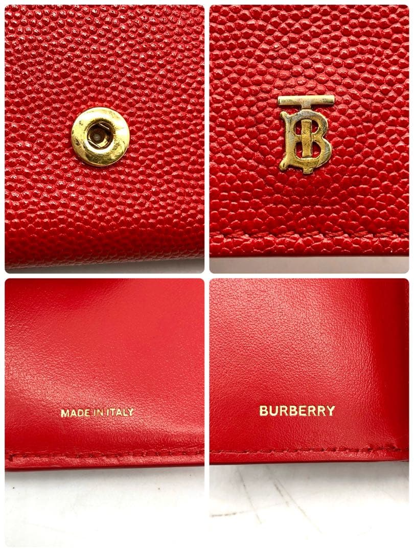 【美品】BURBERRY 3つ折り財布 TB ロゴ レザー レッド ゴールド
