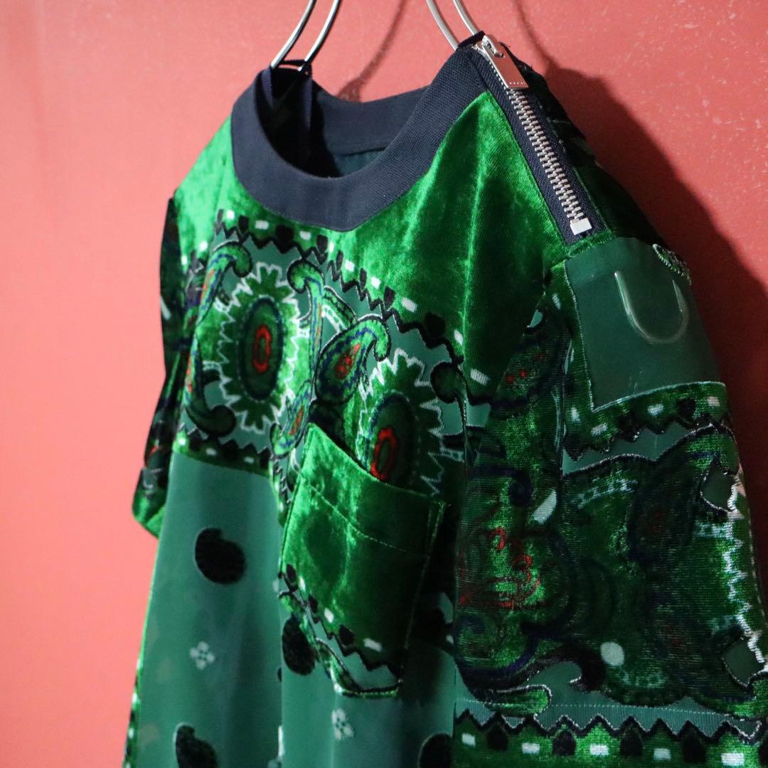 sacai ペイズリー柄 切替デザイン ベロア＆プリーツ＆シースルー Tシャツ