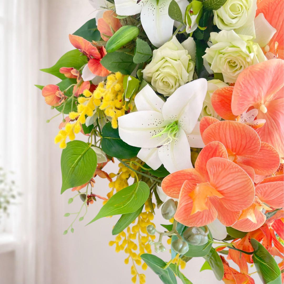 【光触媒】至高の華やぎ 胡蝶蘭と薔薇の特大ロングスワッグ（68cm） 春の彩り