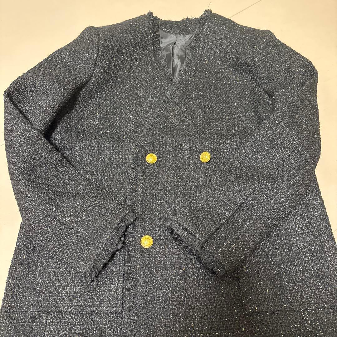ELFRANKエルフランク　ツイードフリンジノーカラージャケット